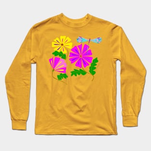 A Floral Design with a Dragonfly Long Sleeve T-Shirt